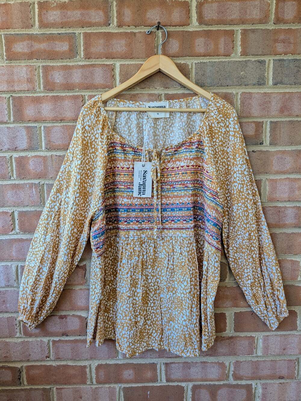 Savanna Jane Mustard Yellow Embroidered Cheetah Print Blouse New Size 1X Boho